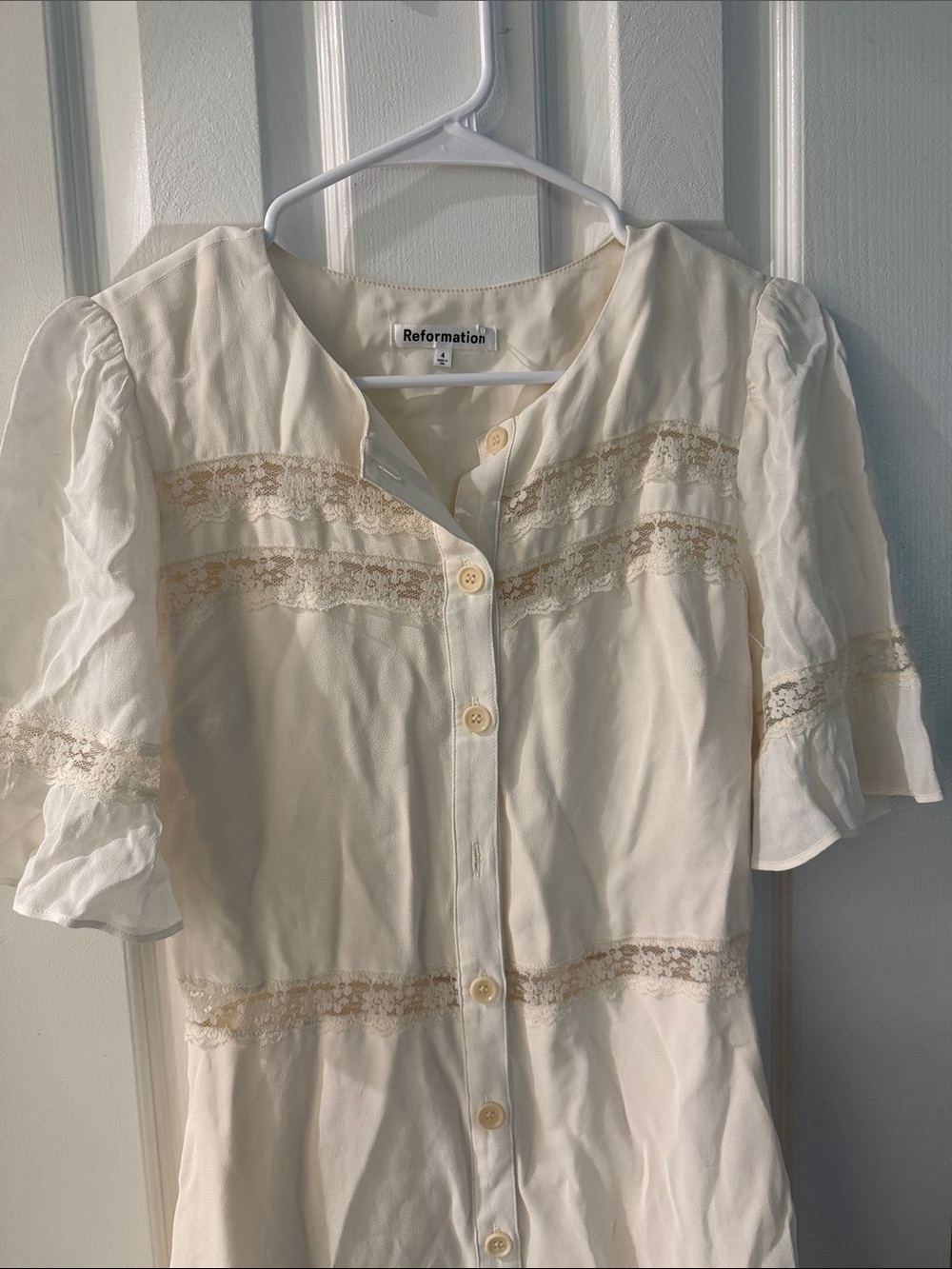 Reformation Woodson Cream Lace-Trim Button-Front Midi Dress - Picture 7 of 8